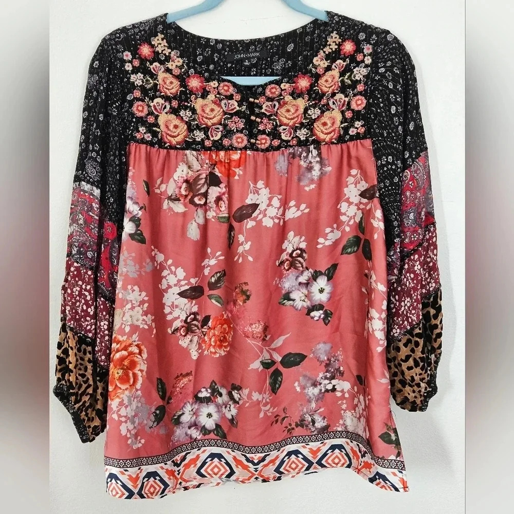 JOHN MARK Womens Boho Patchwork Floral Print Embroidered Peasant Blouse Size S